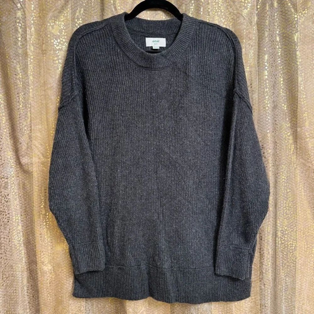 Aerie Dark Gray Oversized Ribbed Knit Drop Shoulder‎ Crewneck Sweater XS